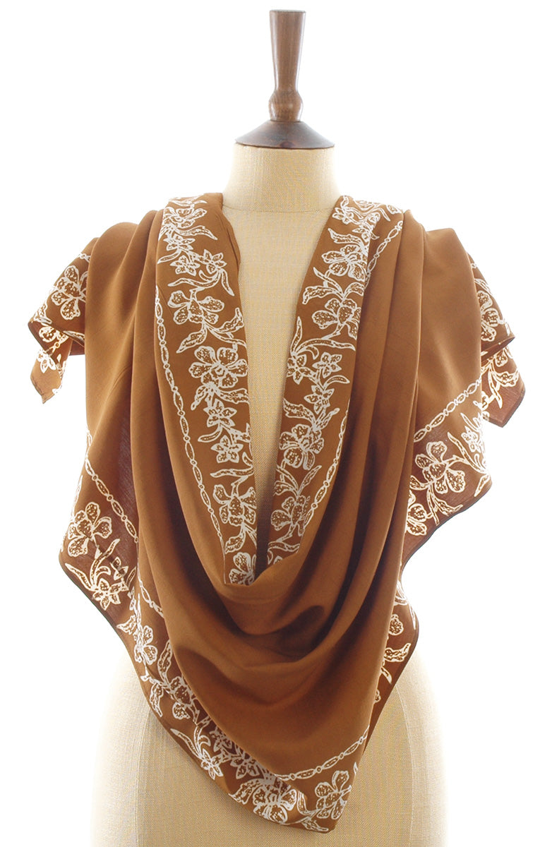 Short Sarong/Scarf in Brown with White Bali Flower Batik Border