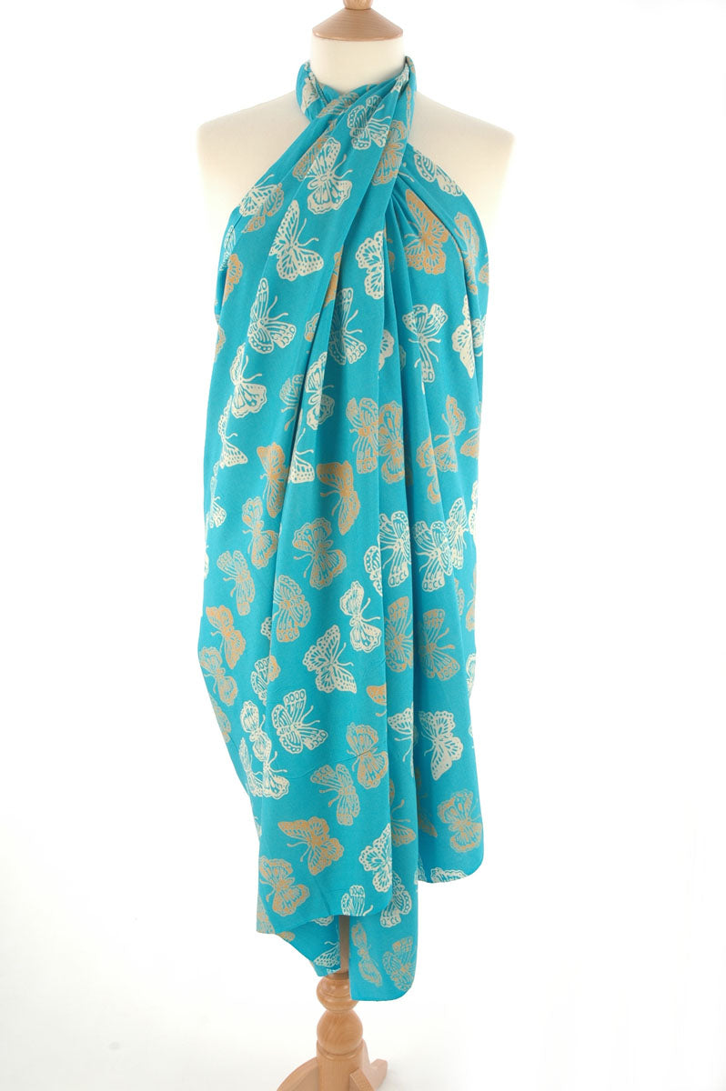 Gold on Turquoise Bali Butterfly Batik Sarong 177x110cm