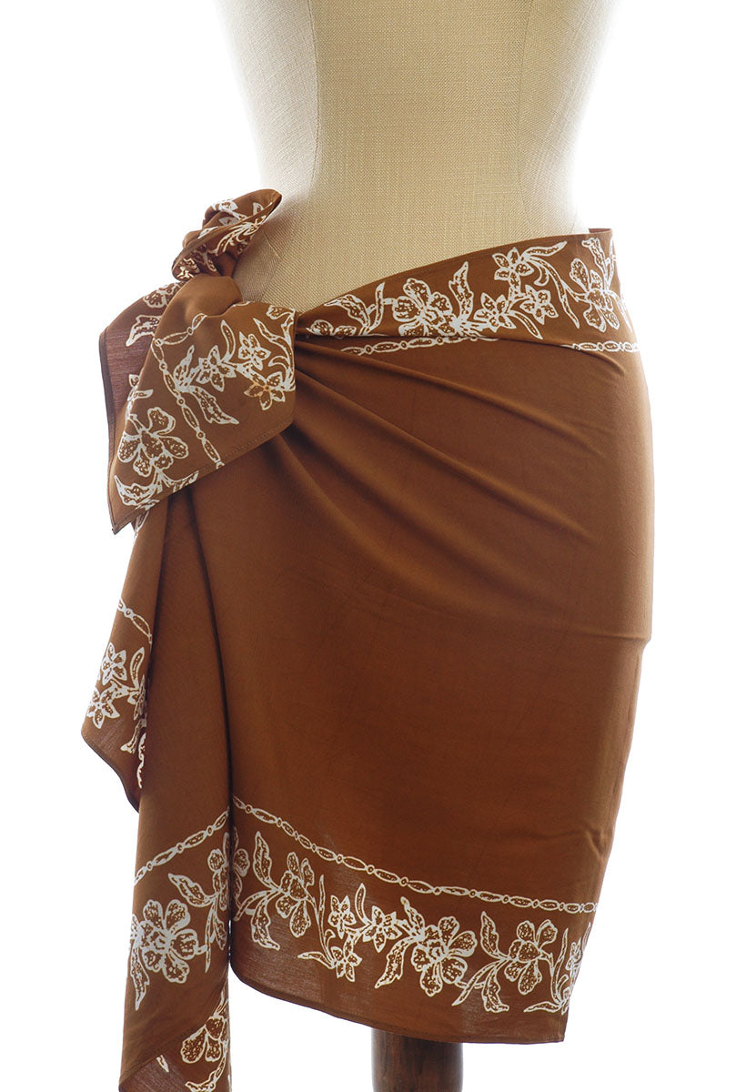 Short Sarong/Scarf in Gold with Black Bali Batik Flower Border