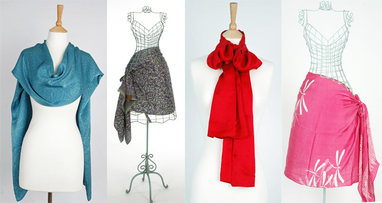 Pure Silk Cream Fans on Blue Short Sarong/Scarf 180x50cm