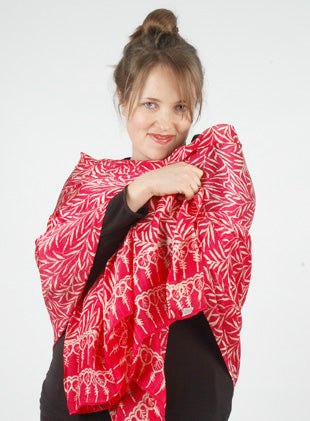 Silk Bali Leaf Batik Long Scarf in Fuchsia