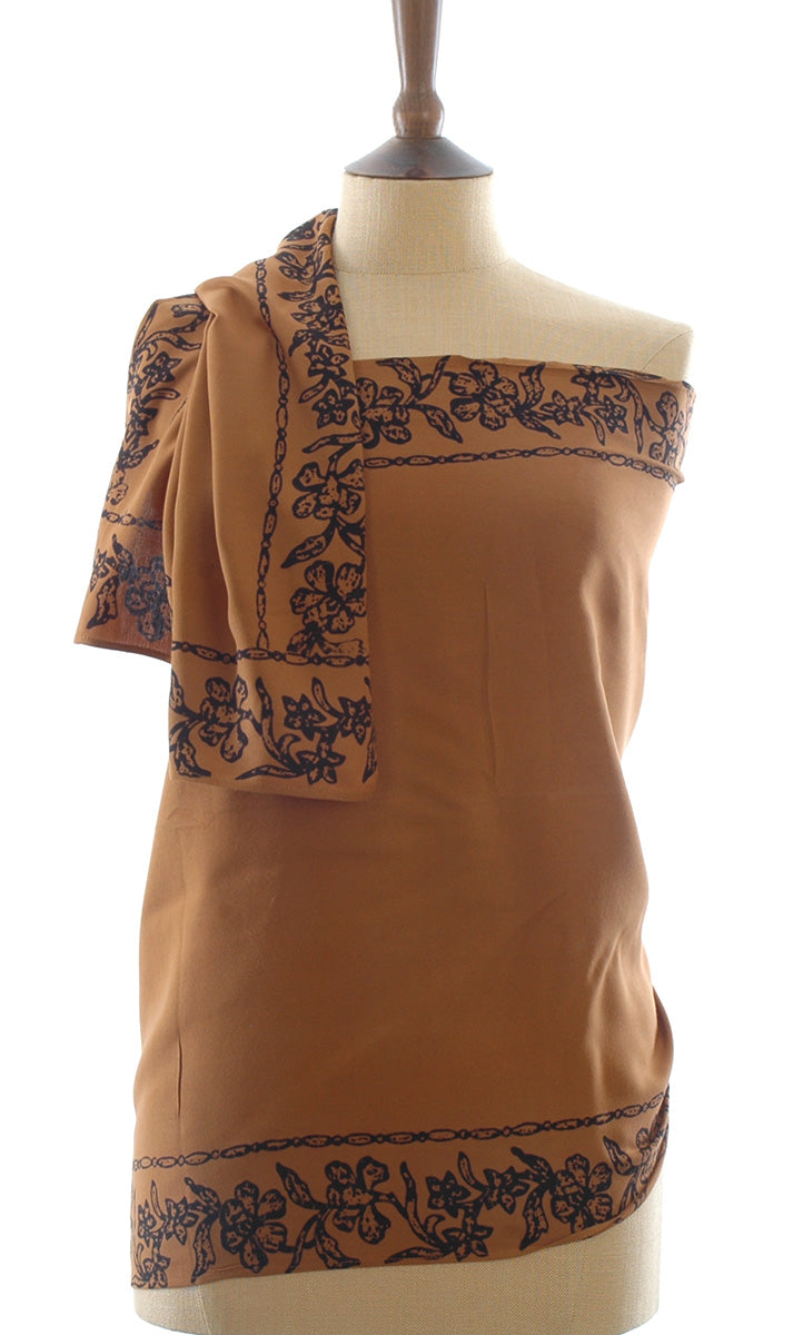 Short Sarong/Scarf in Gold with Black Bali Batik Flower Border