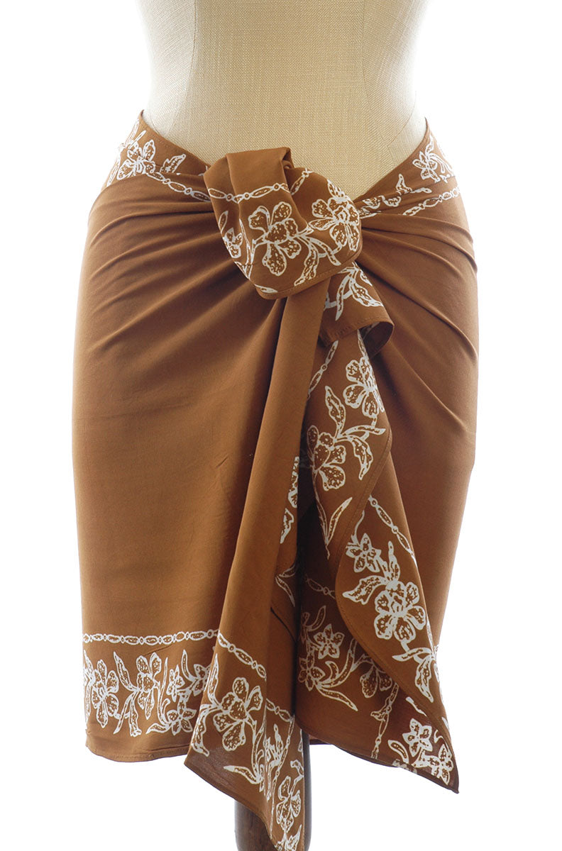 Short Sarong/Scarf  in Gold with White Bali Batik Flower Border
